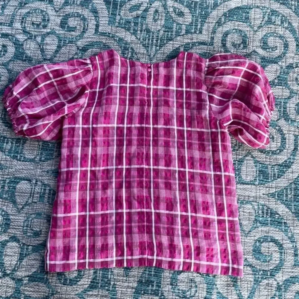 Madewell Fuchsia Plaid Puff Sleeve Blouse Top‎ - Size XS